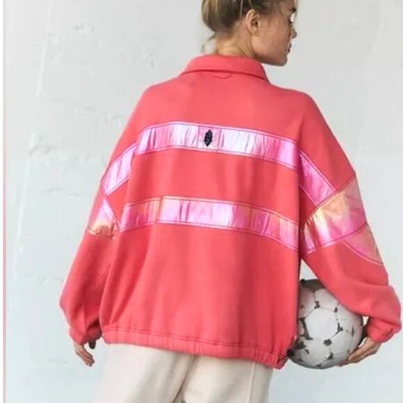 NWT Free‎ People Oversized Away We Go Half Zip Pullover in Pink Hibiscus XL - Picture 1 of 7